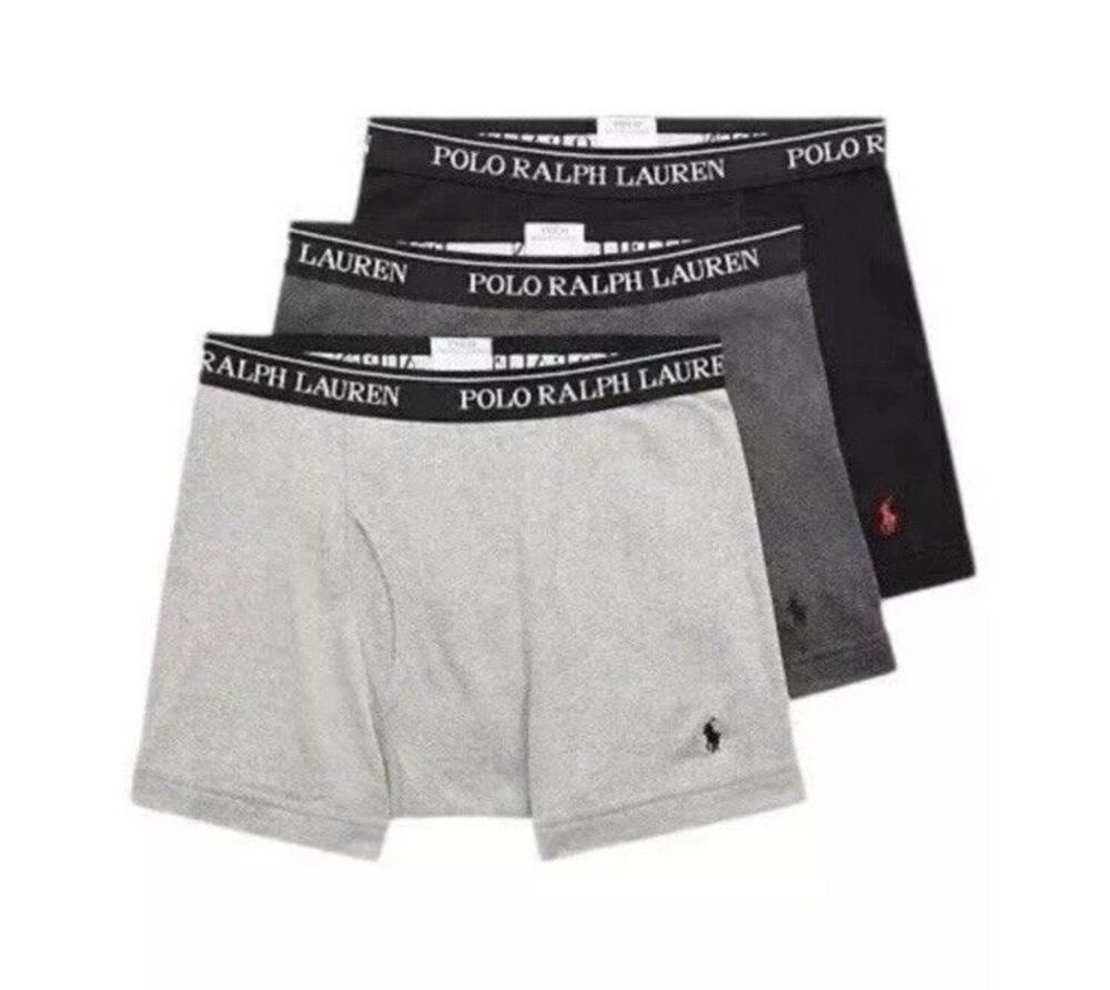 MENS POLO RALPH LAUREN COTTON BOXER BRIEFS Classic Large 3 Pack Gray Black Pony